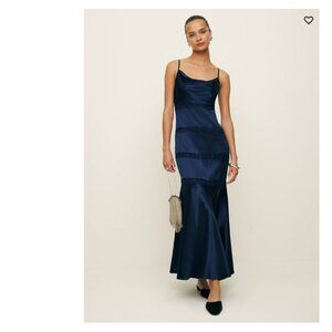 NEW Reformation Riah 100% Silk Dress - Navy Blue 4